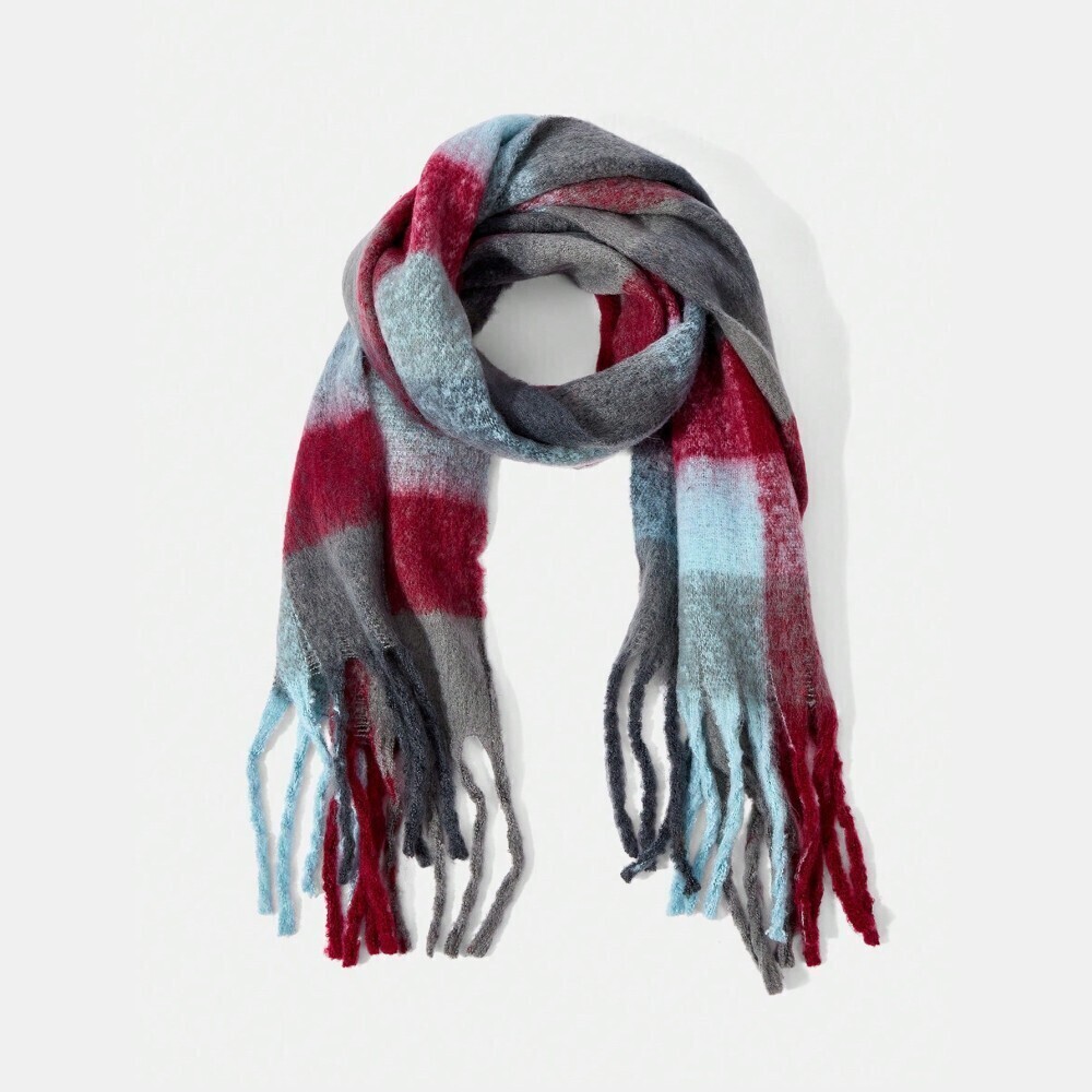 Red / Blue Gray Colorblock Buffalo Plaid Trim Brushed Knit Long Scarf